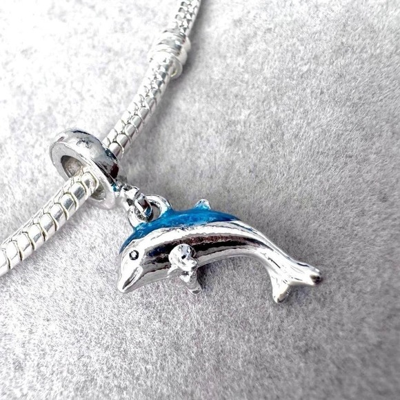 Dolphin Charm Bead Silver Tone Blue Enamel For Pandora Style Bracelets - Picture 5 of 7
